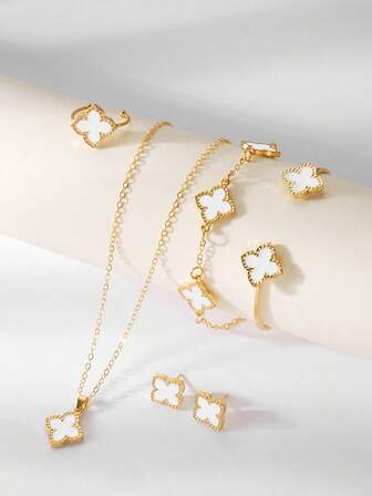 6pcs Four-Leaf Clover Fashion Versatile Lucky Clover Jewelry Set Including Earrings, Necklace, Bracelet, Bangle, Ring, Suitable For Women As Valentine's Day, Mother's Day Gift