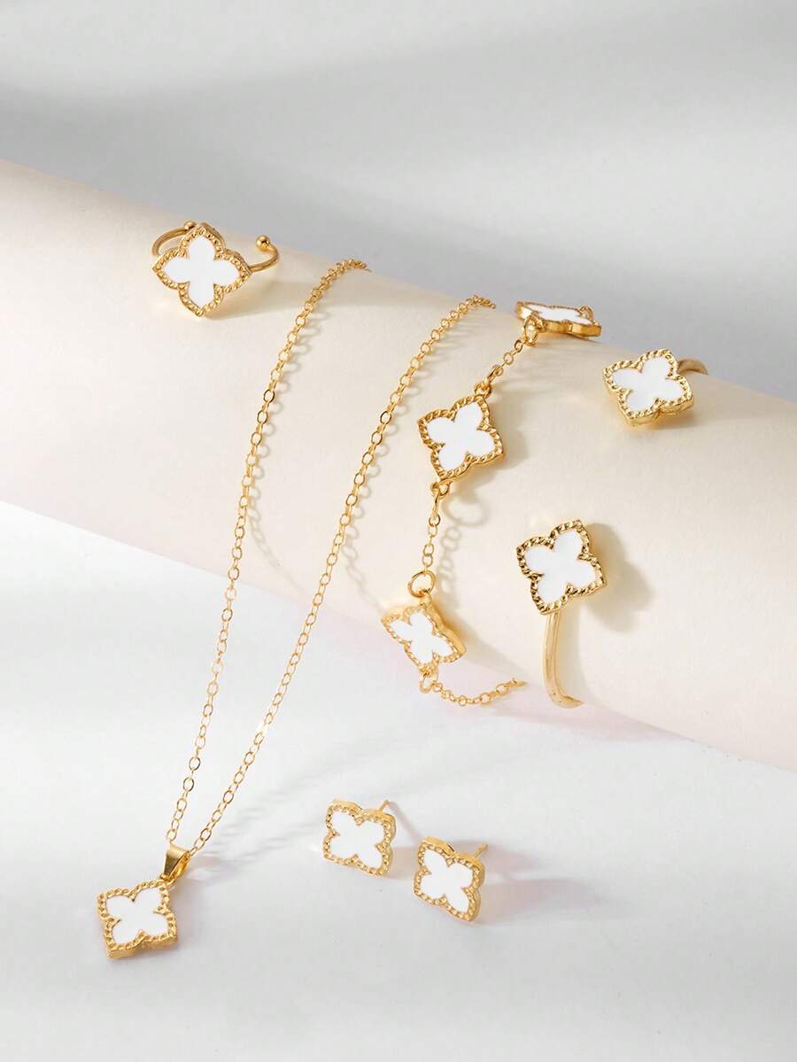 6pcs Four-Leaf Clover Fashion Versatile Lucky Clover Jewelry Set Including Earrings, Necklace, Bracelet, Bangle, Ring, Suitable For Women As Valentine's Day, Mother's Day Gift