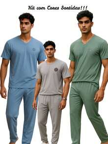 Kit With 2 Men's Pajamas With Short Sleeves And Trousers In Premium Fabric, Assorted Colors - Multicolor - View 1