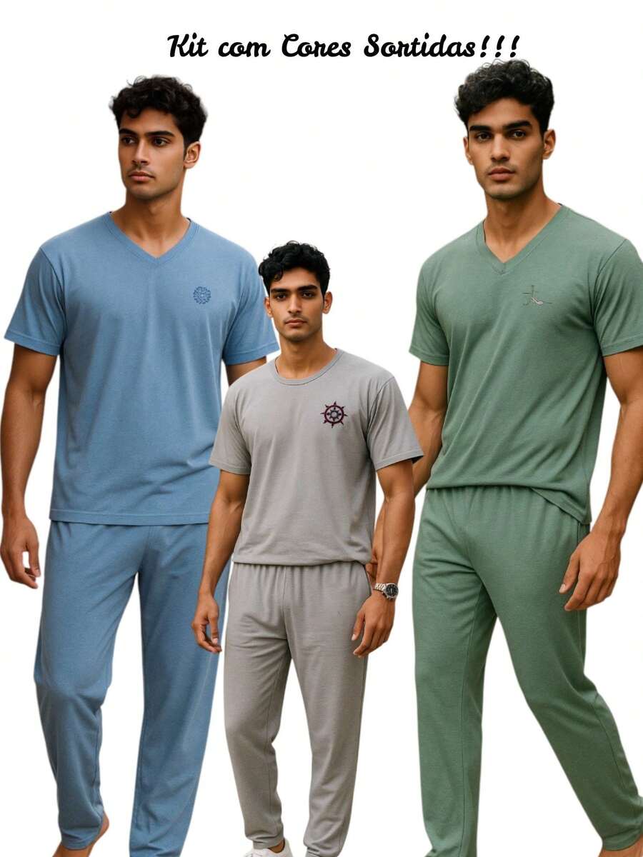 Kit With 2 Men's Pajamas With Short Sleeves And Trousers In Premium Fabric, Assorted Colors - Multicolor - View 1