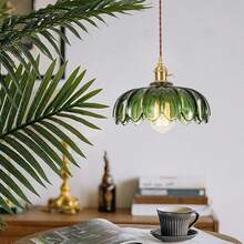 Vintage Green Glass Pendant Light - Flower - Shaped Hanging Lamp With Brass Accents For Bedroom, Living Room, Dining Room & Kitchen - Green - View 7