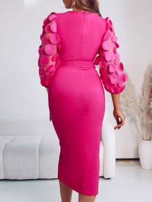 Polka Dot Appliques Mesh Lantern Sleeve Zipper Back Slit Work Dress Cinched Waist Slim Fit Mid-Length Dress With Belt - Màu Hồng Tươi - Xem 2