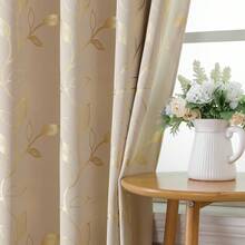 1 件金银叶纹理遮光隔热窗帘，隐私保护，顶部孔眼，适用于客厅卧室、厨房浴室和门帘，家居装饰 - 米金色 - 查看 5