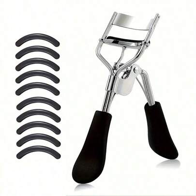 便携式睫毛夹，附赠10个替换垫，不锈钢弧形手柄睫毛夹，用于卷曲睫毛，不伤睫毛，提拉睫毛，使眼睛看起来更大，适合女性（黑色）