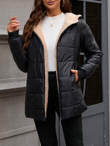 Jaqueta com Capuz Acolchoada Feminina, Tecido Tecido de Cor Sólida, Acolchoada, Adequada para Outono, Inverno, Primavera - Preto - Visão 4