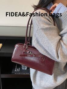 Sac baguette à la mode pour femme, style vintage minimaliste, couleur unie, avec bandoulière laqué, sac polyvalent de haute qualité, idéal pour les voyages, le shopping, les rendez-vous et autres occasions. - Rouge - Voir 7