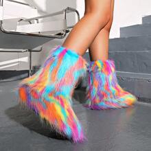 1 Paar bunte Kunstfell Fransen Wadenstiefel, einzigartiger Kontrastfarben Flausch-Details, Nischenstil, Kunstfell Material, auffallend für die Bühne, geeignet für alle Jahreszeiten, weicher Fellreißverschluss für den Hausgebrauch