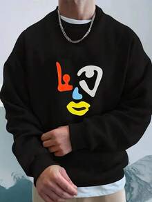 Contrast Abstract Face Pattern  Street Hip-Hop Retro Pattern 250g Front Printed Round Neck Sweater,  Men'S Regular Version Sweater, Suitable For Autumn And Winter Styles.,Fall Hoodies,Men's Fall Clothes,Street Wear,Halloween,Mens Hoodies,Y2k Clothes,Jesus Hoodie,Thanksgiving Day,Nightmare Before Christmas,Christmas - màu đen - Xem 1