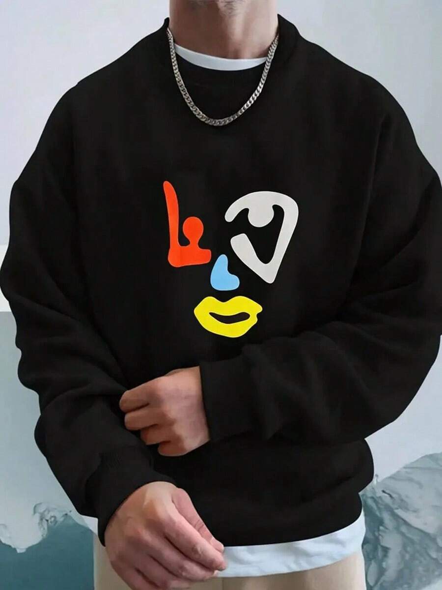 Contrast Abstract Face Pattern Street Hip-Hop Retro Pattern 250g Front Printed Round Neck Sweater, Men'S Regular Version Sweater, Suitable For Autumn And Winter Styles.,Fall Hoodies,Men's Fall Clothes,Street Wear,Halloween,Mens Hoodies,Y2k Clothes,Jesus Hoodie,Thanksgiving Day,Nightmare Before Christmas,Christmas - màu đen - Xem 1