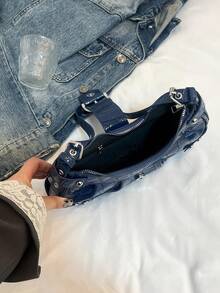 Bolso de motocicleta vintage punk con remaches para mujer, bolso de un hombro bajo el brazo para trabajo y desplazamientos - Azul Marino - Ver 8