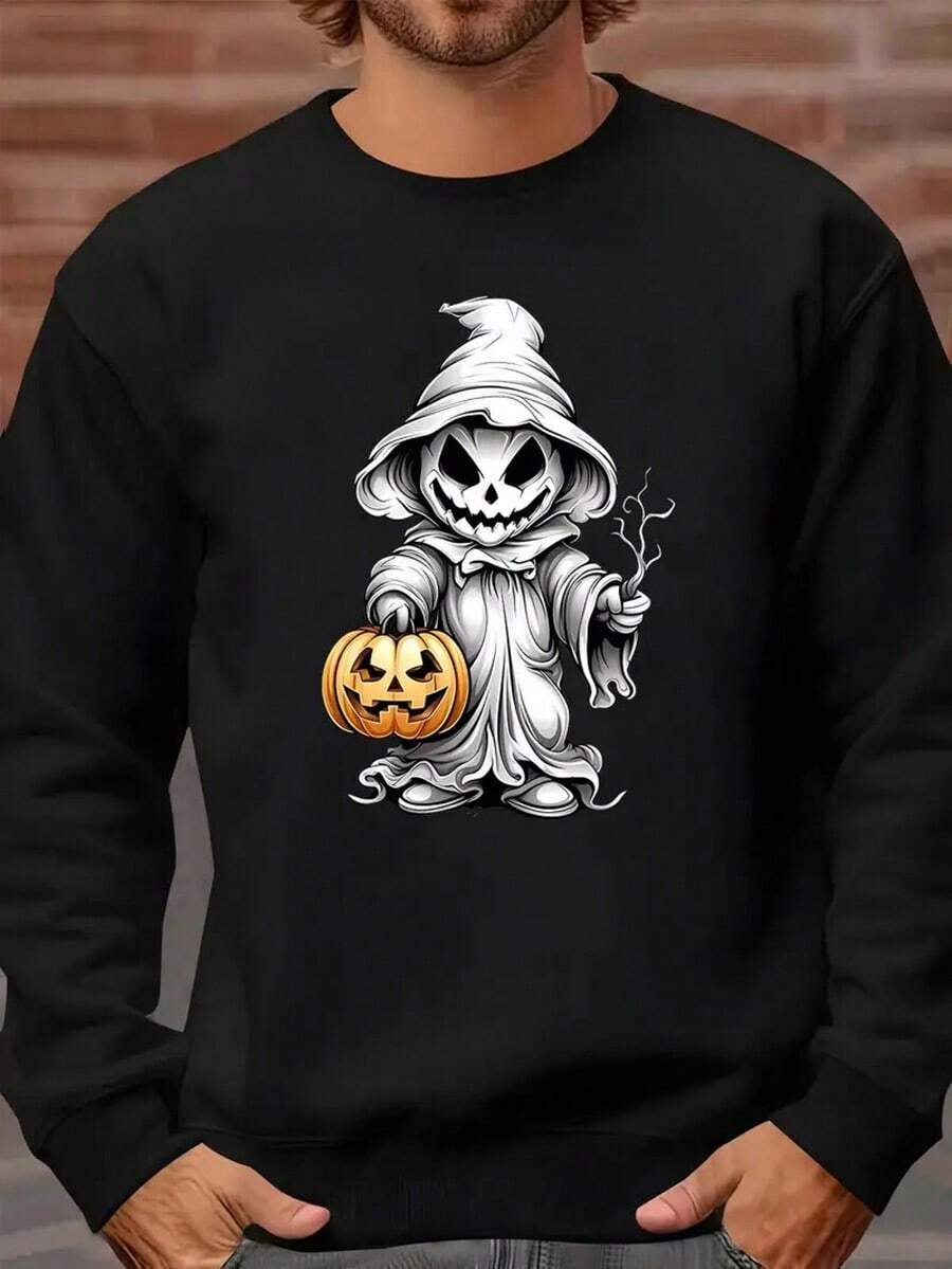 Men's Halloween Pumpkin Print Sweatshirt - Casual Long Sleeve Crew Neck Pullover For Outdoor & Fitness, Machine Washable,Fall Hoodies,Men's Fall Clothes,Street Wear,Halloween,Mens Hoodies,Y2k Clothes,Jesus Hoodie,Thanksgiving Day,Nightmare Before Christmas,Christmas - 黑色 - 查看 1