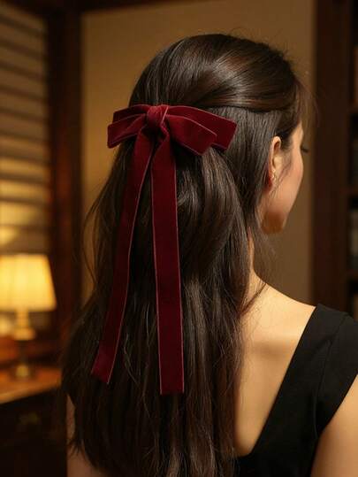 1pc Women's Burgundy Velvet Hair Bows Fashionable Hair Ribbon Simple Hair Clip With Bow Knot Detail, Suitable For Daily Use Elegant Claw Clips Hair Claws Hair Barrettes, School Stuff, College, Hair Slide