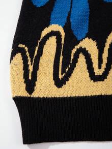 ANDREILEE Men's Casual Loose Solid Color Cardigan Sweater With Heart, Wave, Letter Graphic, V-Neck, Button Front, Long Sleeve, Knit Top For Autumn/Winter - Black - View 7