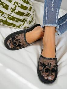 Women's Classic Retro Fashionable Elegant Round Toe 3D Floral Sequin Flat Sandals, Solid Color Handmade Beaded Lightweight Comfortable House Slippers - Black - View 1