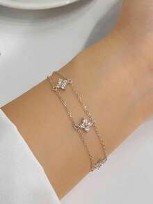 GAGAFEEL 1pc Sterling 925 Silver Exquisite Elegant Fashionable Double Layers Cute Flowers Cubic Zirconia Chain Bracelet For Women Daily Wearing Friendship Party Jewelry Gift