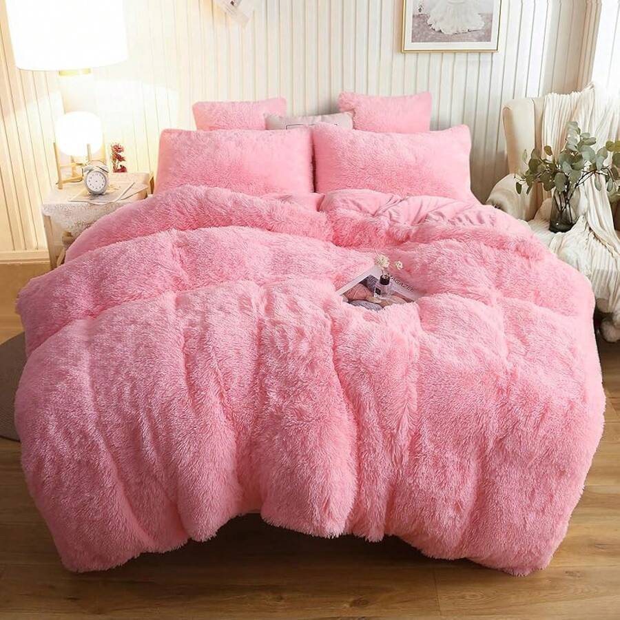 Plush Shaggy Duvet Cover Set, Ultra Soft Fluffy Bedding Sets 3 Pieces (1 Fuzzy Comforter Cover + 2 Pillow Cases), Zipper Close (, Pink), Luxury Bedding - 粉色 - 查看 1