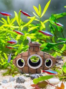 1pc Sunken Ship/Submarine Decor, Aquarium Ornament, Fish Tank Landscape Breeding Shelter - Brown - View 7