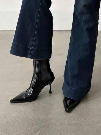 2025 Autumn/Winter New European And American Pointed Toe High Heel Short Boots, Slim Fit Patchwork Ankle Boots, Retro Brown Short Boots,Kitten Heels