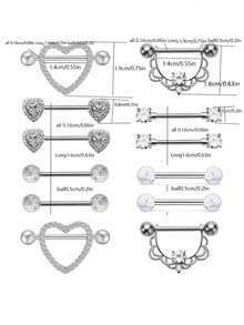 12 件装 14G 乳头环 女士医用钢乳头穿孔 CZ 心形蝴蝶杠铃乳头环套装 可爱乳头穿孔首饰情人节