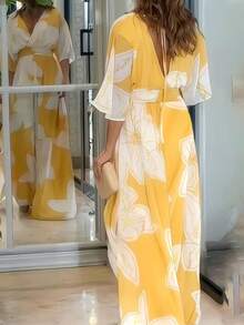 大码优雅休闲交叉露背抽绳腰部花卉印花长裙，适合晚间约会、花园 - 黃色 - 查看 3