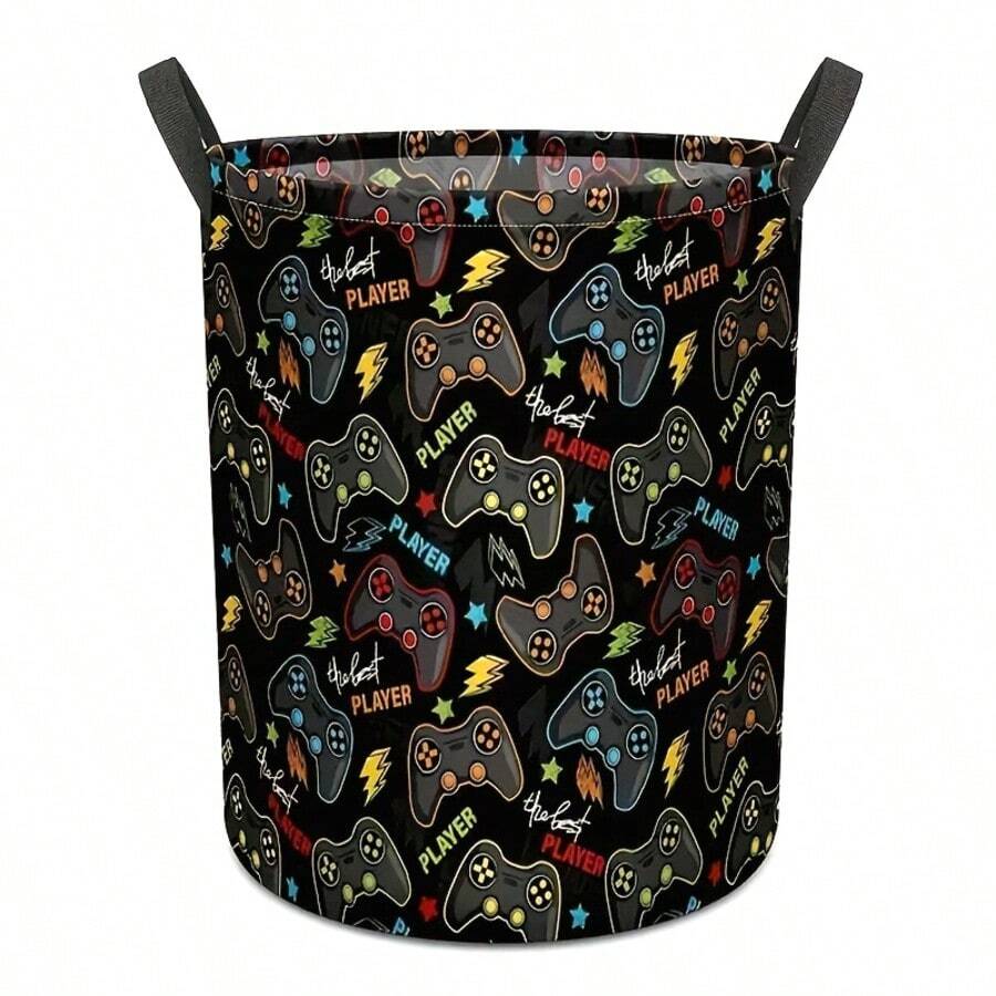 1pc Large Capacity Storage Basket With Handle, Game Controller Pattern Fabric Dirty Clothes Basket, Foldable Black Dirty Clothes Basket, Suitable For Rooms, Living Rooms, Bedrooms, Bedrooms, Bedrooms, Bedrooms, Bathroom Decoration Gift Boxes, Room Decoration
