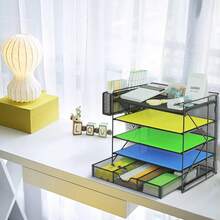 Caja de almacenamiento de escritorio, bandeja de crédito de papel de 5 niveles, organizador de archivos de escritorio con clasificador Vertical adicional de archivos, cajón deslizante y soporte para bolígrafos - negro 3 - Ver 2