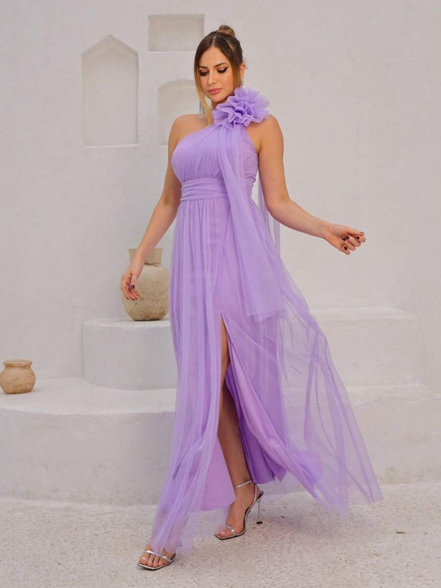 Long One-Shoulder Dress With Glittery Flower - Lilac Purple - View 1