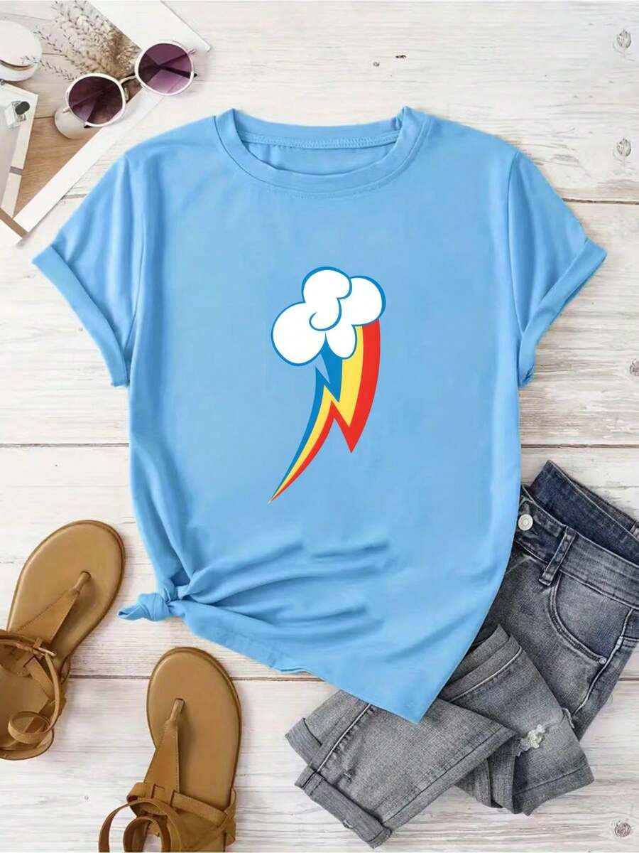 Rainbow Dash Cutie T Shirt, Women's T-Shirt, Casual Crew Neck, Perfect For Socializing, Weekend Outings, And Travel. - 淺藍色 - 查看 1