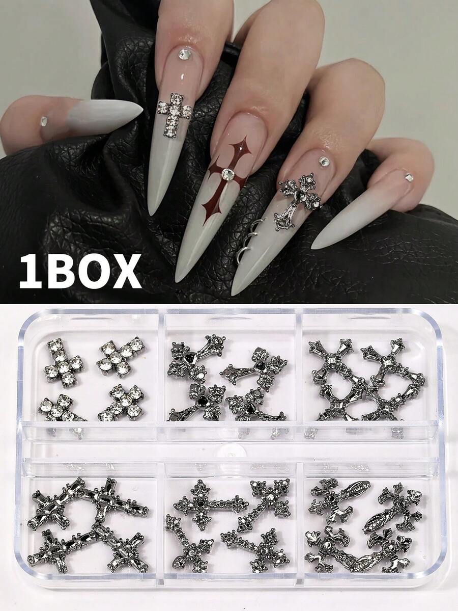 1 Caixa com 24 Peças Joias de Unha em Cruz 3D - Decorações de Arte de Unha em Metal de Liga Gótica com Strass | Acessórios de Unha Acrílica Encantos de Unha - Preto - Visão 1