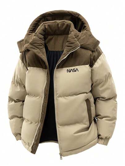 Men's Autumn/Winter Color Block Thickened Warm Hooded Padded Coat