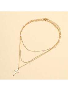 Golden Layered Pearl Cross Necklace Exquisite Artificial Multi Layer Womens Jewelry Holiday Gift Daily Fashion Necklaces