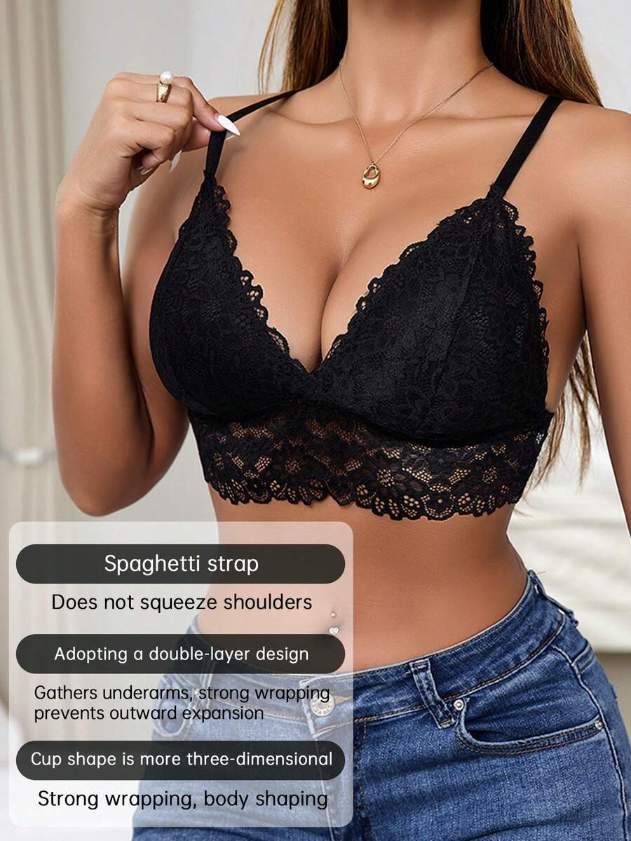 Women's Black One-Piece Wireless Bra Lace, Comfortable Fit, Daily/Casual Wear, Lingerie Sexy, Black Lace Bra, Breathable, Reduces Side Bulge, Suitable For Wedding Dress