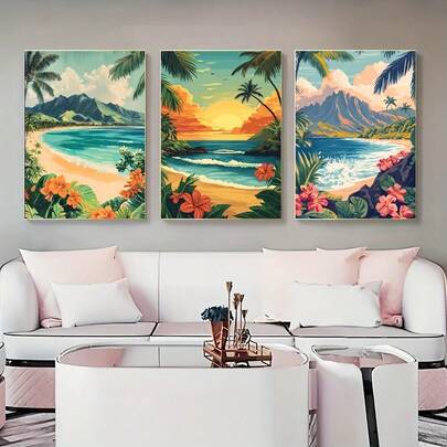 3 Pieces Set Of Tropical Beach Landscape Canvas Wall Art - Framed Vintage Hawaiian Ocean Sunset Prints, Suitable For Decorating Living Rooms, Bedrooms, Home Offices, And Classrooms.