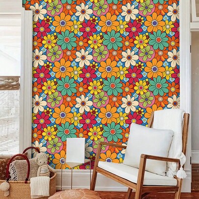 لفة ورق حائط لاصق ذاتي مزخرف بالزهور الملونة، عرض 17.32 بوصة، ورق جداري قابل للإزالة ومقاوم للماء، ديكور جداري فني كرتوني حيوي، ورق جداري فينيل للغرفة المعيشة والنوم والمطبخ والمائدة والحمام، ديكور غرفة خريفي، ديكور منزلي فني حديث