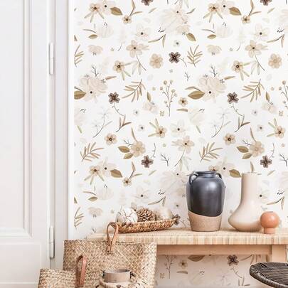 1 PC Beige Floral Design Self - Adhesive Wallpaper, Premium Vinyl PVC Material, Peel And Stick Room Decoration Wallpaper Stickers Ideal For Home Decor, Cabinet Renovation, Furniture DIY Projects And Creating A Warm, Natural Ambience In Any Living Space