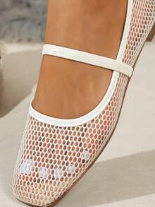 Giày bệt nữ thời trang Thu/Đông, giày bệt lưới màu trơn thoáng khí, kiểu Mary Jane, giày búp bê. - Màu be - Xem 6