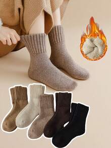 5 Pairs (Random Assortment) [Practical & Warm] Universal Earth-Tone Knit Element Thermal Lined Socks, Suitable For Indoor And Outdoor Wear In Winter - Multicolor - View 8