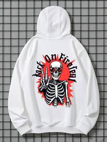Rock Skeleton Hoodie - Long Sleeve, Knit Fabric, Relaxed Fit, Full Size, Fashionable Graphic Print, Perfect For Casual Outings And Daily Wear,Fall Hoodies,Men's Fall Clothes,Street Wear,Halloween,Mens Hoodies,Y2k Clothes,Jesus Hoodie,Thanksgiving Day,Nightmare Before Christmas,Christmas - White - View 1