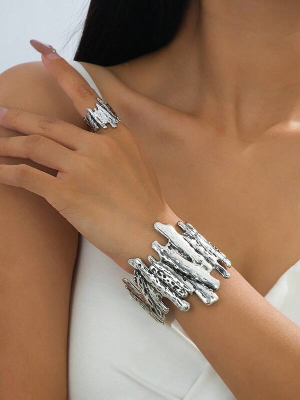 1 Set Vintage Silver Metal Bracelet & Ring Jewelry Set For Women, Daily Accessories