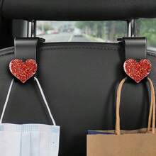 2 件闪亮水钻心形汽车挂钩，用于挂钱包和包包，多功能头枕挂钩，用于整理车内物品，时尚收纳，用于存放背包、雨伞和购物袋，炫目的粉色、红色、银色和蓝色汽车装饰配件，出行便利与时尚的必备单品 - 彩色 - 查看 2