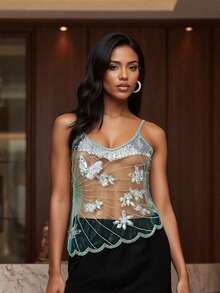 Women V Neck Sequin Cami Top .Y See Through Strape Camisole Cute Beaded Top Going Out Party Outfits - 淺綠色 - 查看 4