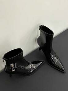 2025 Autumn/Winter New European And American Pointed Toe High Heel Ankle Boots, Slim Fit Patchwork Ankle Boots, Retro Brown Ankle Boots, Kitten Heels - Black - View 5