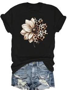 [Camiseta de moda casual] Camiseta suave y cómoda para mujer - Parte superior de manga corta con cuello redondo, decoración floral con estampado de leopardo, regalo perfecto para la abuela y la mamá, uso casual de primavera y verano - Negro - Ver 1