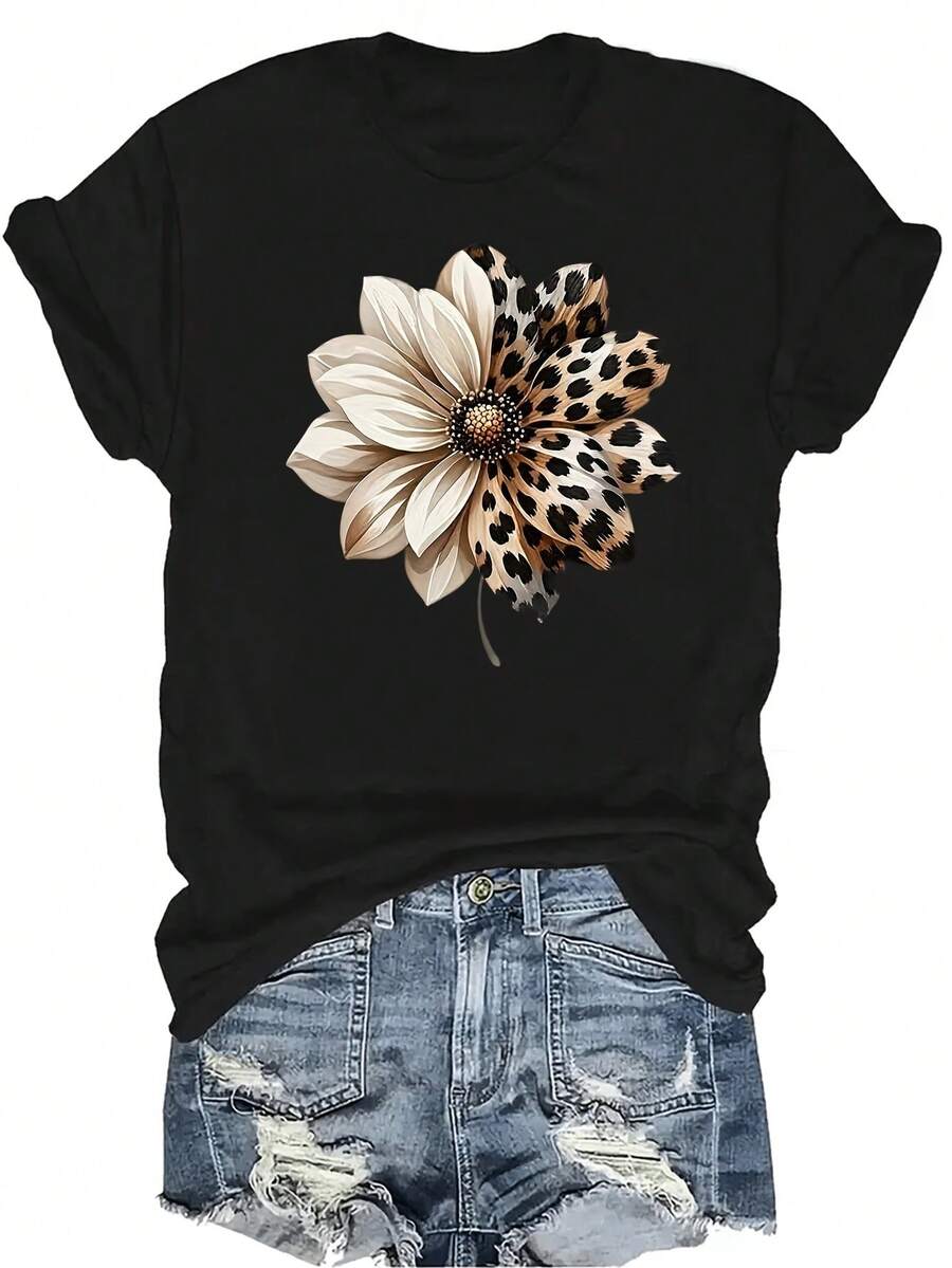 [Camiseta de moda casual] Camiseta suave y cómoda para mujer - Parte superior de manga corta con cuello redondo, decoración floral con estampado de leopardo, regalo perfecto para la abuela y la mamá, uso casual de primavera y verano - Negro - Ver 1