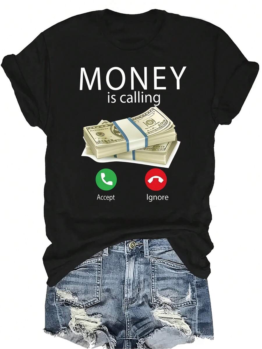 [Camiseta de Moda Casual] Camiseta de Mujer Suave y Cómoda - Llamada de Dinero Aceptar Ignorar Manga Corta Cuello Redondo Casual, Regalo Perfecto para Abuela y Mamá, Uso Casual de Primavera Verano - Negro - Ver 1