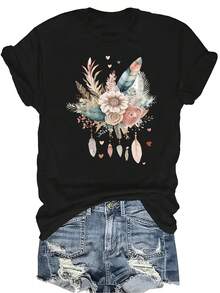 [Camiseta de moda casual] Camiseta suave y cómoda para mujer - Parte superior de manga corta con cuello redondo, estampado casual de plumas y flores en estilo bohemio, regalo perfecto para la abuela y la mamá, uso casual en primavera y verano - Negro - Ver 1