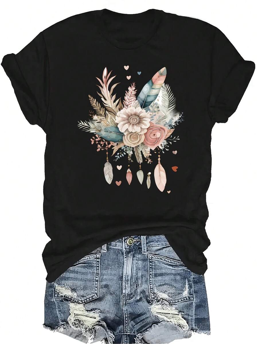 [Camiseta de moda casual] Camiseta suave y cómoda para mujer - Parte superior de manga corta con cuello redondo, estampado casual de plumas y flores en estilo bohemio, regalo perfecto para la abuela y la mamá, uso casual en primavera y verano - Negro - Ver 1