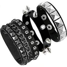 Eigso 3 Pcs Leather Punk Bracelets Men Women Of Rock Rivet Wrap Retro Spike Bracelet Adjustable - Black-2 - View 12