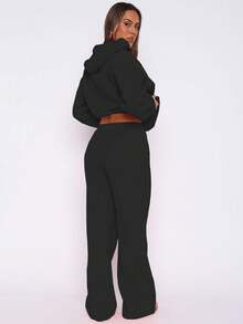 秋冬休闲纯色卫衣两件套，带帽口袋上衣搭配松紧腰抽绳直筒裤，两件套。黑色套装 - 黑色 - 查看 4