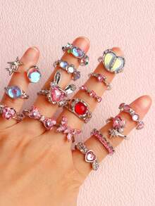 11 Stücke/Los exquisite niedliche rosa Strass-Ringe, Geburtstags-Party-Geschenke für Freunde, Schmuckzubehör für den täglichen Gebrauch